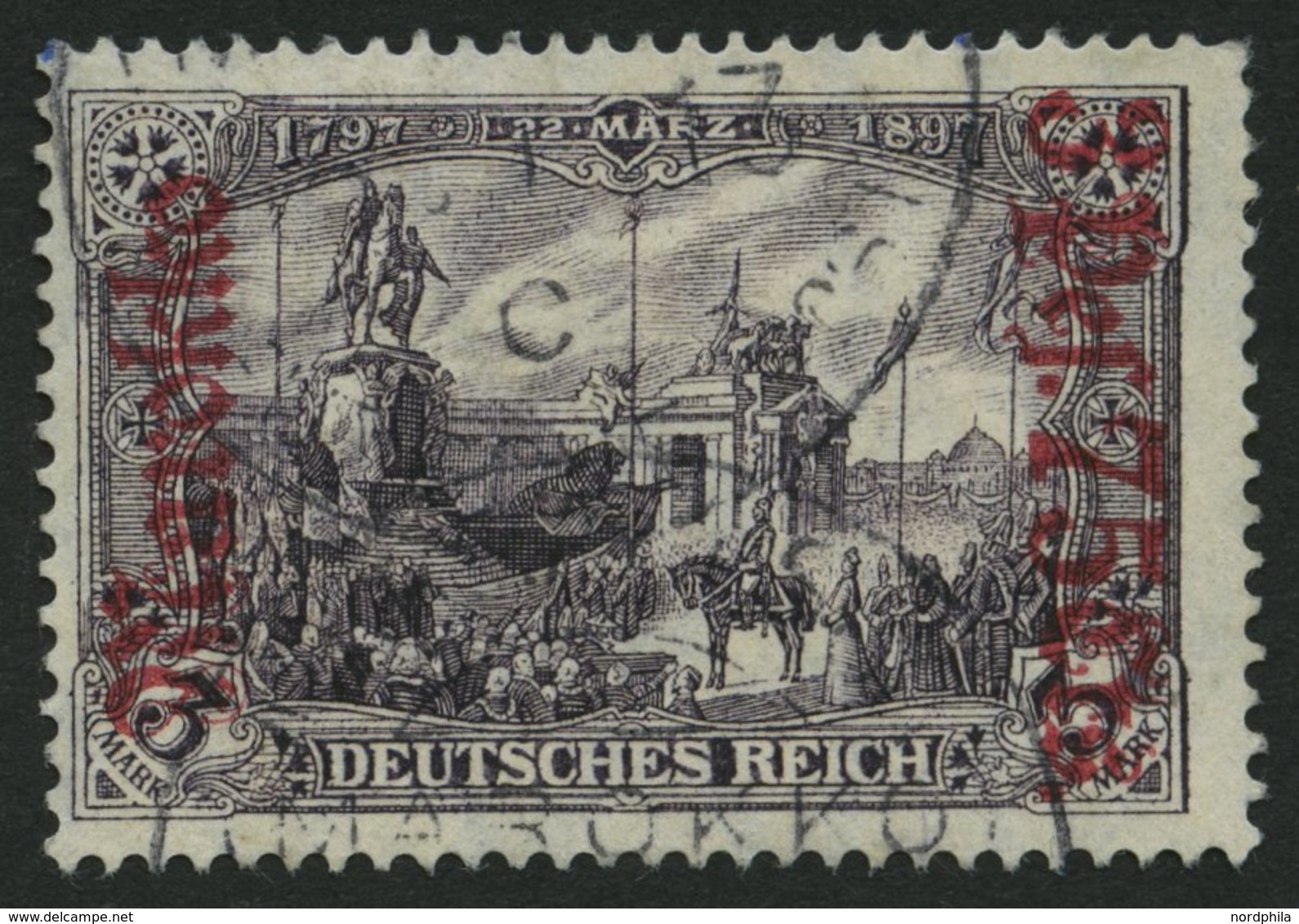 DP IN MAROKKO 57IA O, 1911, 3 P. 75 C. Auf 3 M., Friedensdruck, Stumpfer Eckzahn Sonst Pracht, Mi. 260.- - Deutsche Post In Marokko