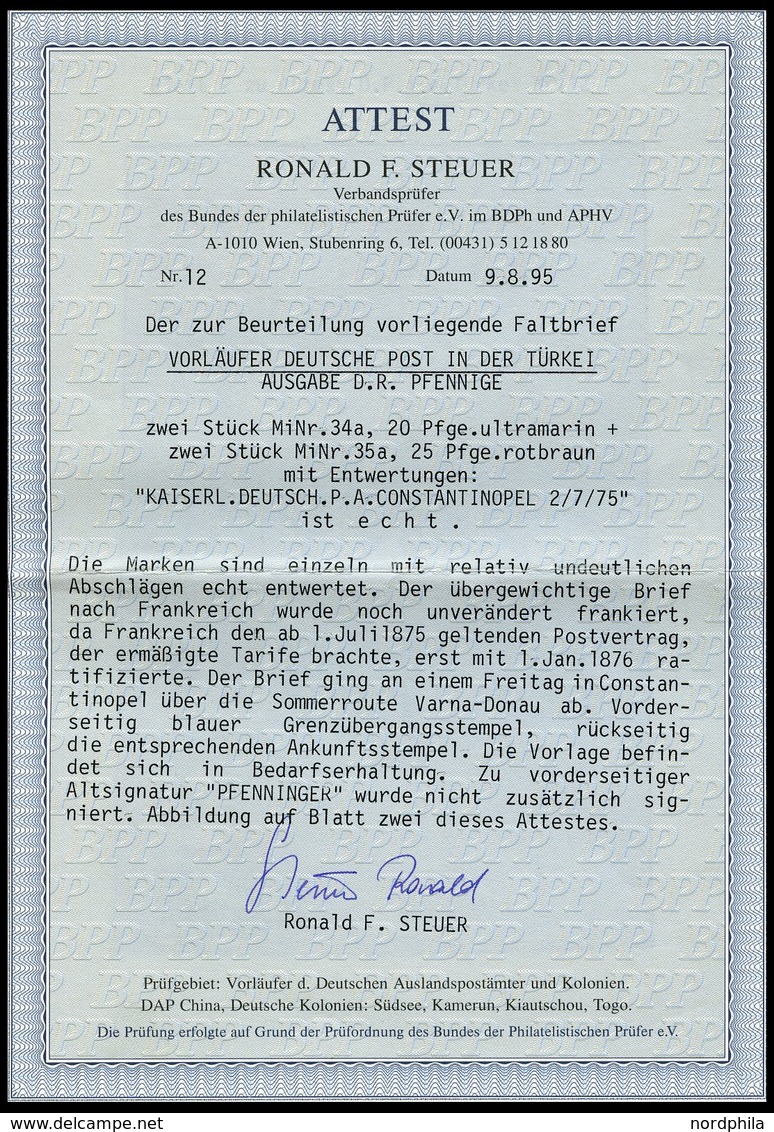 DP TÜRKEI V 34a,35a BRIEF, 2.7.1875, 20 Pfe. Ultramarin Und 25 Pfe. Rötlichbraun, Jeweils 2x Auf Dekorativem Brief über  - Turkey (offices)