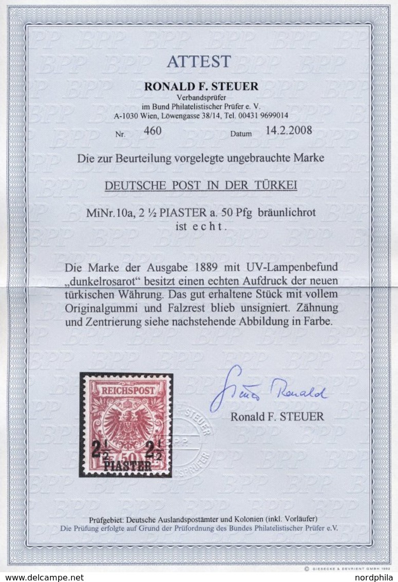 DP TÜRKEI 10a *, 1889, 21/2 PIA. Auf 50 Pf. Bräunlichrot, Falzreste, Pracht, Fotoattest Steuer, Mi. 440.- - Deutsche Post In Der Türkei