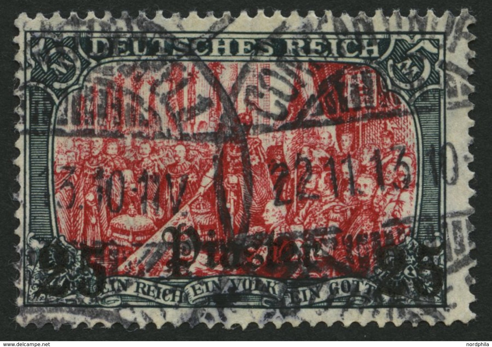 DP TÜRKEI 47b O, 1908, 25 Pia. Auf 5 M., Mit Wz., Karmin Quarzend, Pracht, Gepr. Hoffmann-Giesecke, Mi. 100.- - Turquie (bureaux)