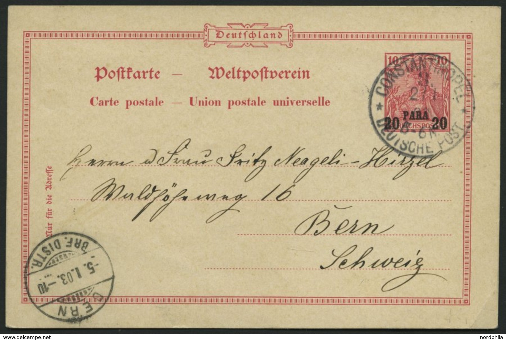 DP TÜRKEI P 7 BRIEF, 1900, 20 PARA Auf 10 Pf. Reichspost Stempel CONSTANTINOPEL 3 **, Prachtkarte In Die Schweiz - Turchia (uffici)