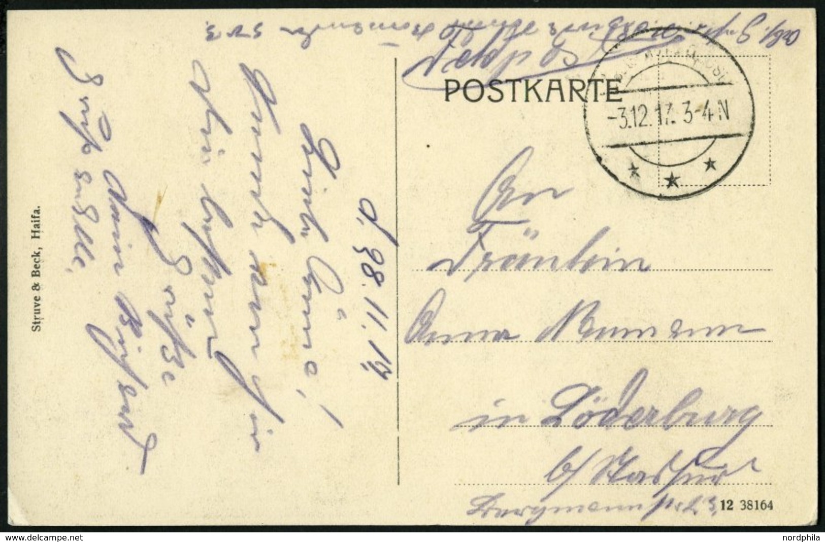 DP TÜRKEI 1917, Feldpoststation DAMASKUS (1 DFP) Auf Feldpost-Ansichtskarte Haifa Deutsche Kolonie, Pracht - Deutsche Post In Der Türkei