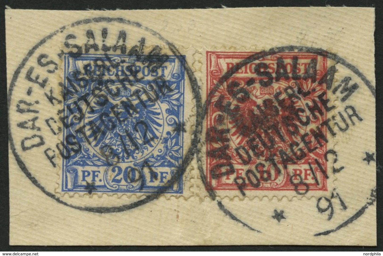 DEUTSCH-OSTAFRIKA VO 47b,48b BrfStk, 1891, 10 Pf. Lebhaftrosarot Und 20 Pf. Blau Auf Leinenbriefstück, Stempel DAR-ES-SA - Afrique Orientale