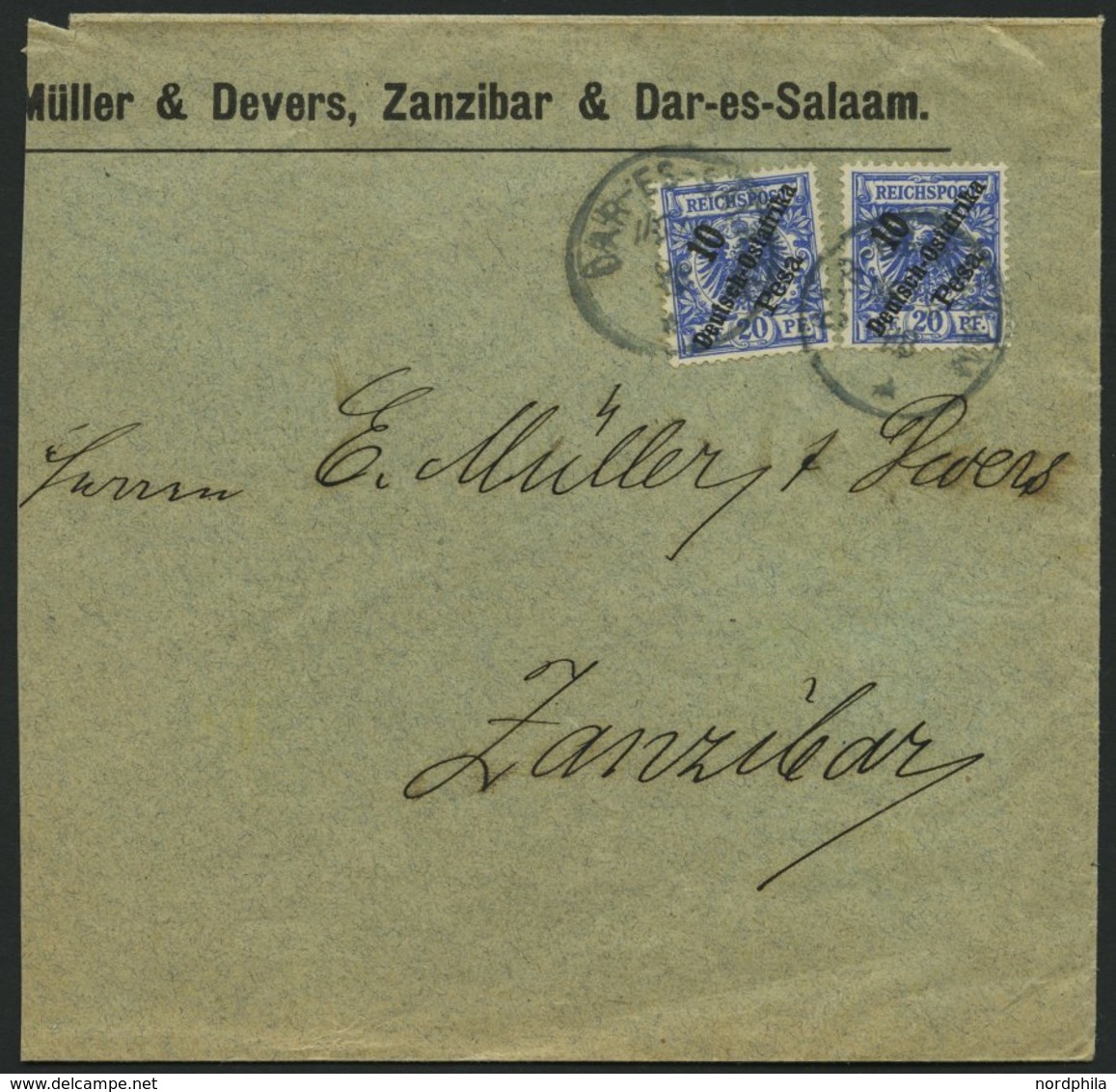 DEUTSCH-OSTAFRIKA 9 BRIEF, 1898, 10 P. Auf 20 Pf. Violettultramarin, 2x Als Mehrfachfrankatur Auf Brief (links Beschnitt - Afrique Orientale