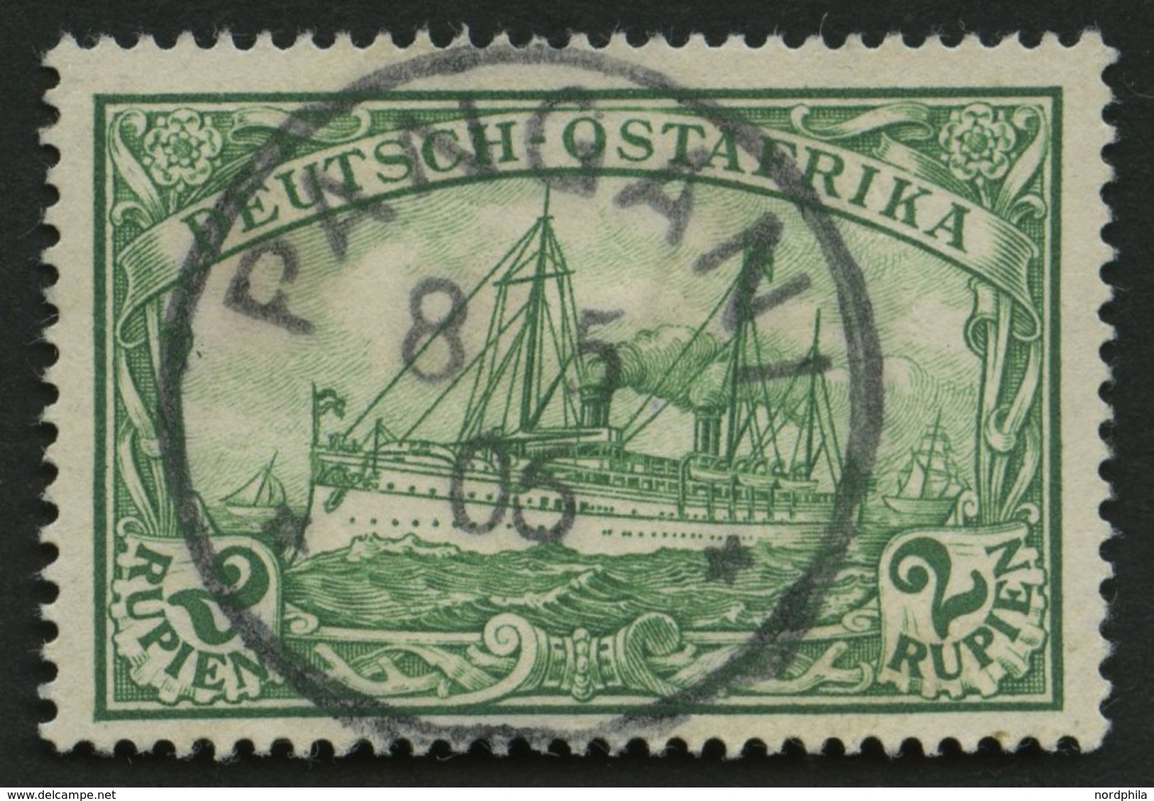 DEUTSCH-OSTAFRIKA 20 O, 1901, 2 R. Dunkelsmaragdgrün, Ohne Wz., Stempel PANGANI, Pracht, Signiert, Mi. 100.- - África Oriental Alemana