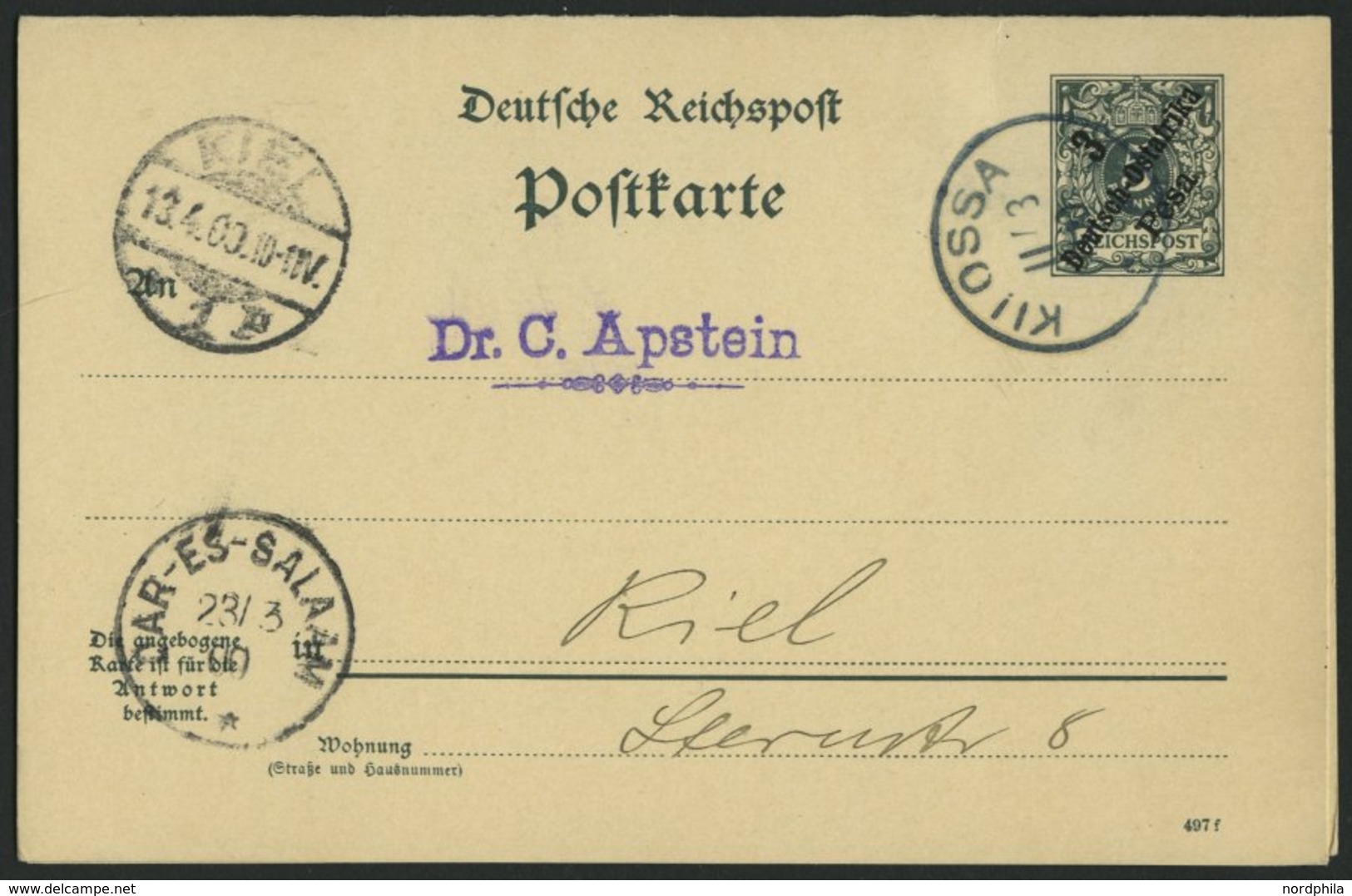 DEUTSCH-OSTAFRIKA P 7 BRIEF, KILOSSA, 11.3.00, In Grünlichblau Auf 3 Pesa Schwarzgrün Antwortkarte (rückseitig Nicht Bes - German East Africa