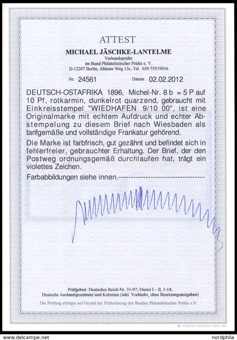 DEUTSCH-OSTAFRIKA 8b BRIEF, WIEDHAFEN, 9.10.00, Auf 5 P. Auf 10 Pf. Rotkarmin (!) Auf Brief Nach Wiesbaden, Pracht, RR!, - Afrique Orientale