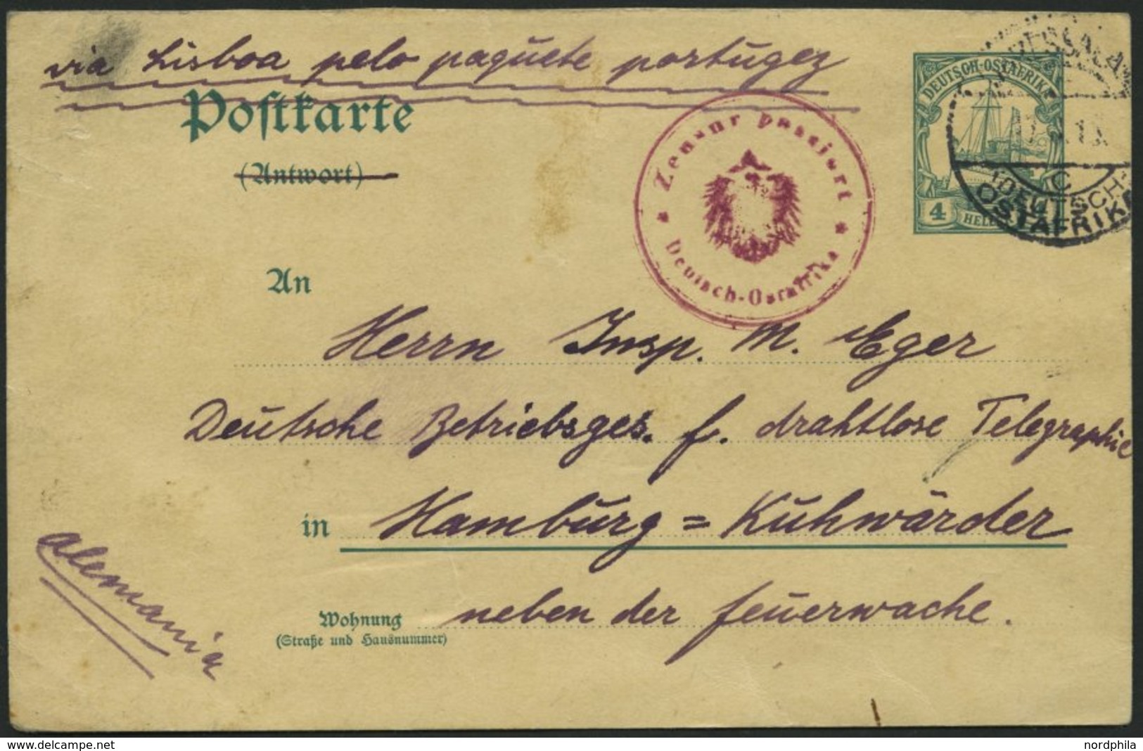 DEUTSCH-OSTAFRIKA P 20A BRIEF, 1915, 4 H. Grün,(Antwort Durchgestrichen), Stempel DAR-ES-SALAAM C, 17.8.1915 Und Zensurs - Deutsch-Ostafrika