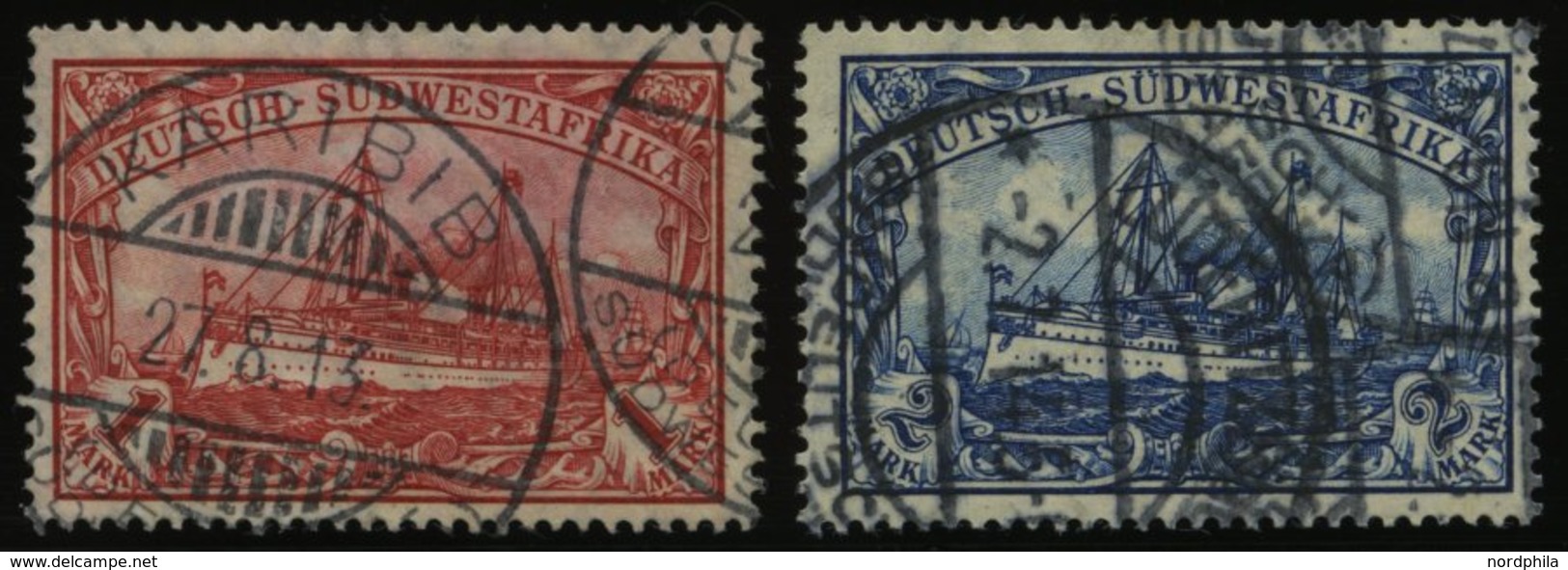 DSWA 29/30A O, 1912, 1 M. Karminrot Und 2 M. Blau, Mit Wz., Gezähnt A, Normale Zähnung, 2 Prachtwerte, Mi. 190.- - Deutsch-Südwestafrika