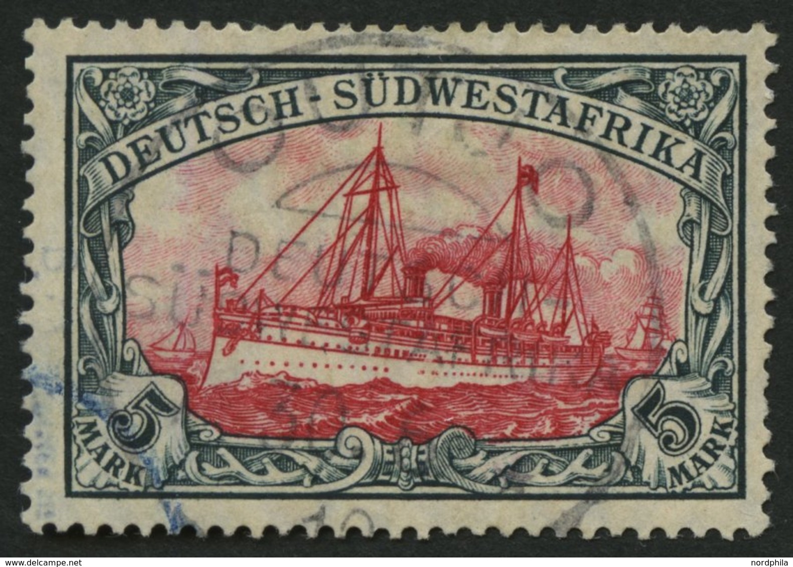 DSWA 32Aa O, 1906, 5 M. Grünschwarz/dunkelkarmin, Mit Wz., Gelblichrot Quarzend, Stempel OUTJO, üblich Gezähnt Pracht, G - German South West Africa