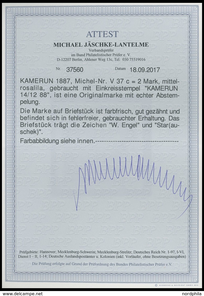 KAMERUN V 37c BrfStk, 1889, 2 M. Mittelrosalila, Stempel KAMERUN Auf Leinenbriefstück, Pracht, R!, Gepr. W. Engel - Kamerun