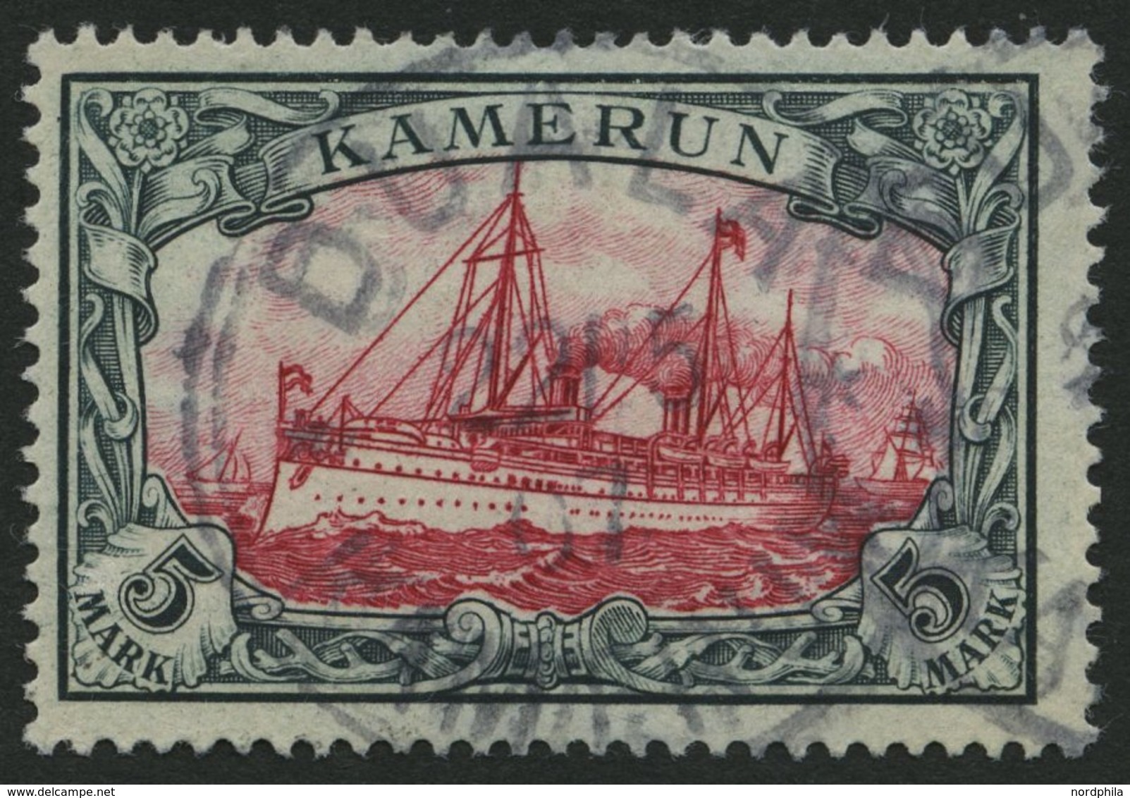 KAMERUN 19 O, 1900, 5 M. Grünschwarz/bräunlichkarmin, Ohne Wz., Stempel DUALA, Pracht, Mi. 600.- - Cameroun