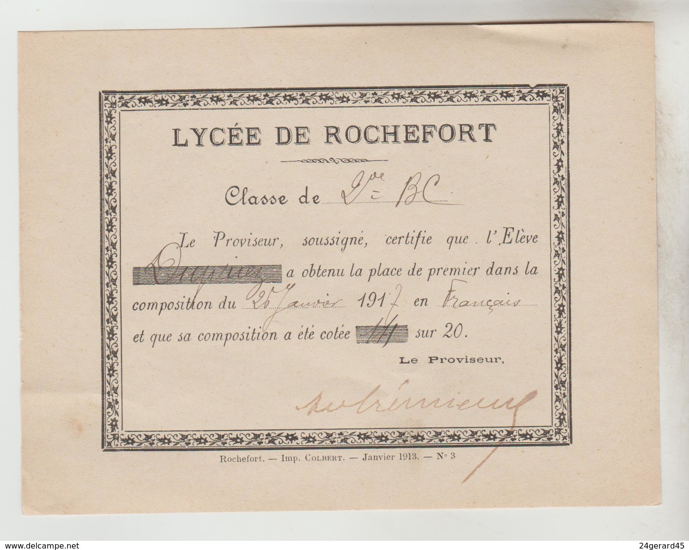 ETUDES RECOMPENSE ET ATTESTATION LYCEE DE ROCHEFORT 26/01/1917 ET 27 AVRIL 1917 - Diplômes & Bulletins Scolaires