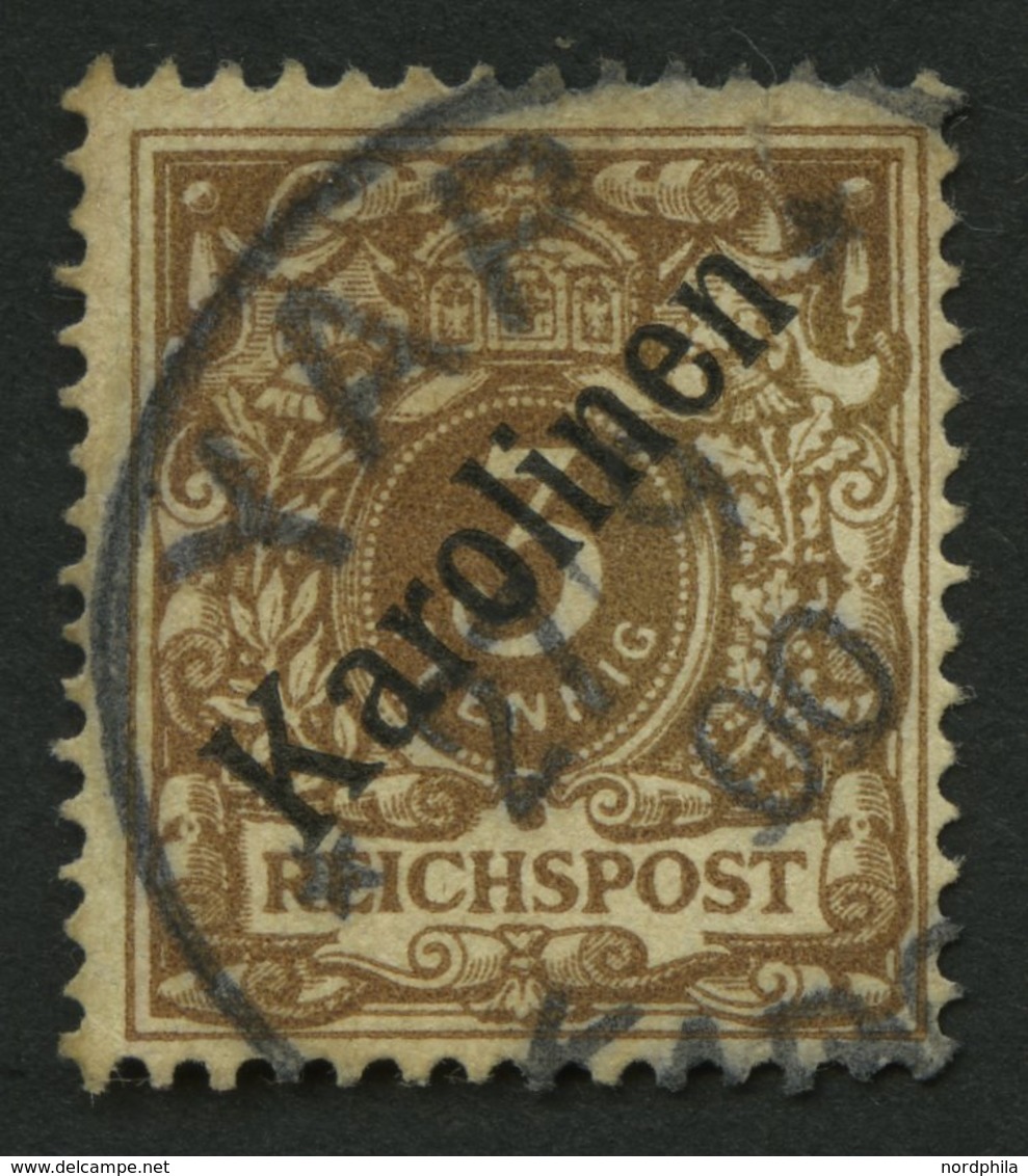 KAROLINEN 1I O, 1899, 3 Pf. Diagonaler Aufdruck, Spalt Im Oberrand, Feinst, Gepr. Jäschke-L., Mi. 850.- - Carolines
