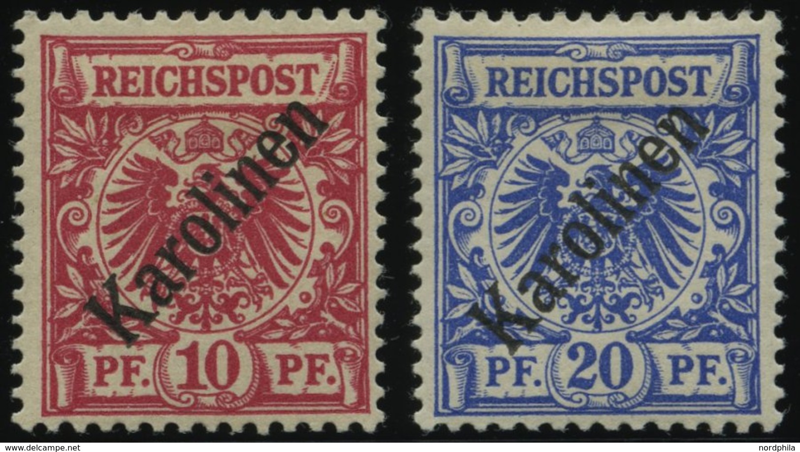 KAROLINEN 3/4I *, 1899, 10 Und 20 Pf. Diagonaler Aufdruck, Falzreste, 2 Prachtwerte, Mi. 150.- - Islas Carolinas