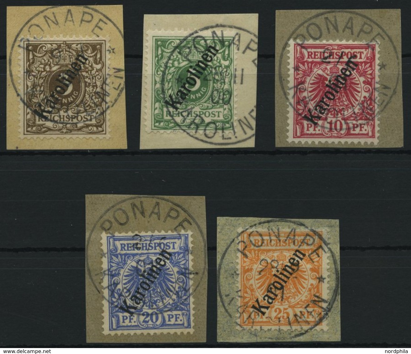 KAROLINEN 1-5IIa BrfStk, 1900, 3 - 25 Pf. Steiler Aufdruck, 5 Prachtbriefstücke, Mi. 160.- - Caroline Islands