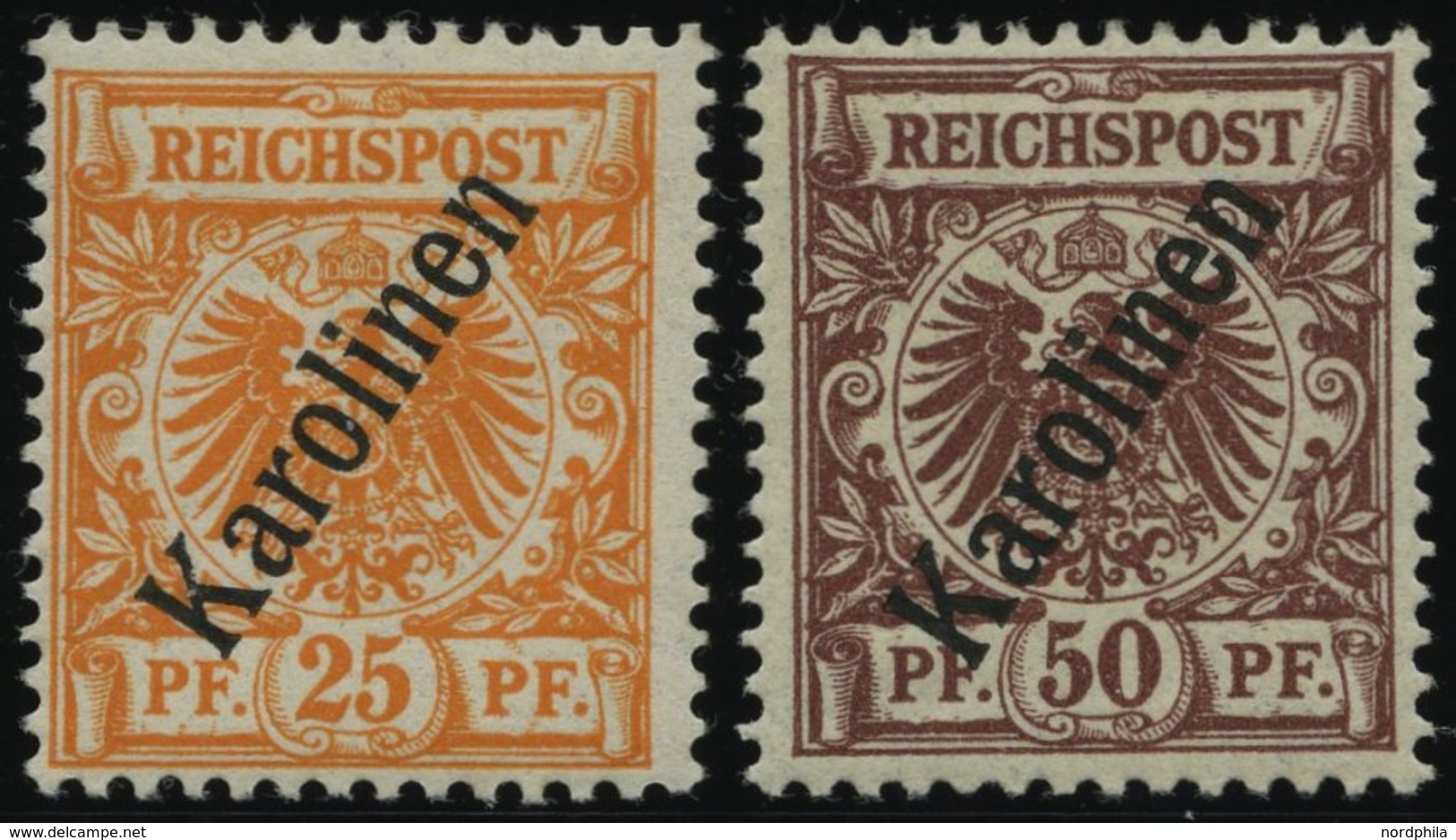 KAROLINEN 5a,6II *, 1900, 25 Und 50 Pf. Steiler Aufdruck, Falzreste, 2 Prachtwerte, Mi. 120.- - Karolinen