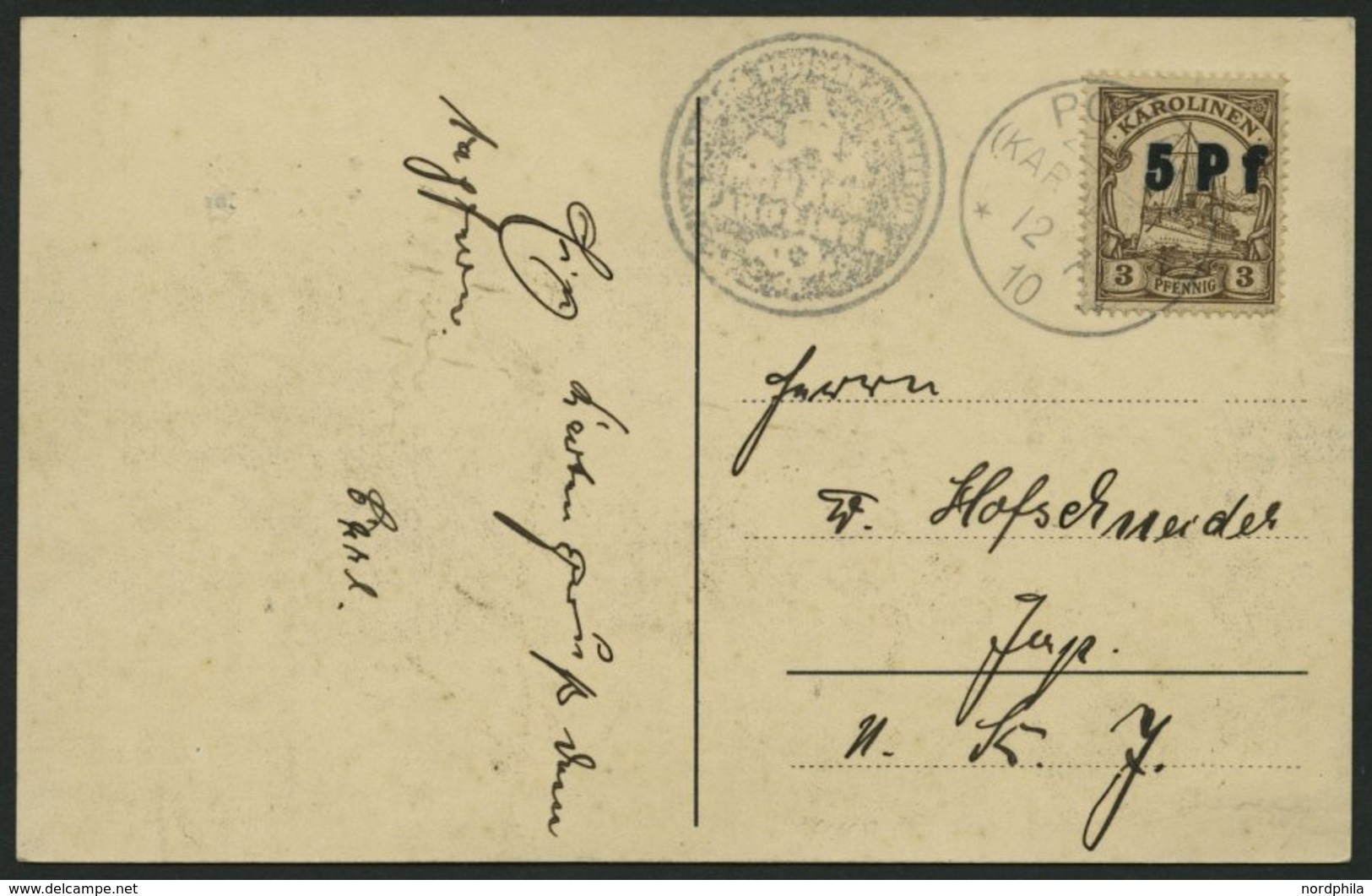 KAROLINEN 7Pv BRIEF, 1910, 5 Pf. Auf 3 Pf. Handstempelaufdruck, Rechter Unterer Eckzahn Stumpf Sonst Prachtkarte, Fotoat - Karolinen