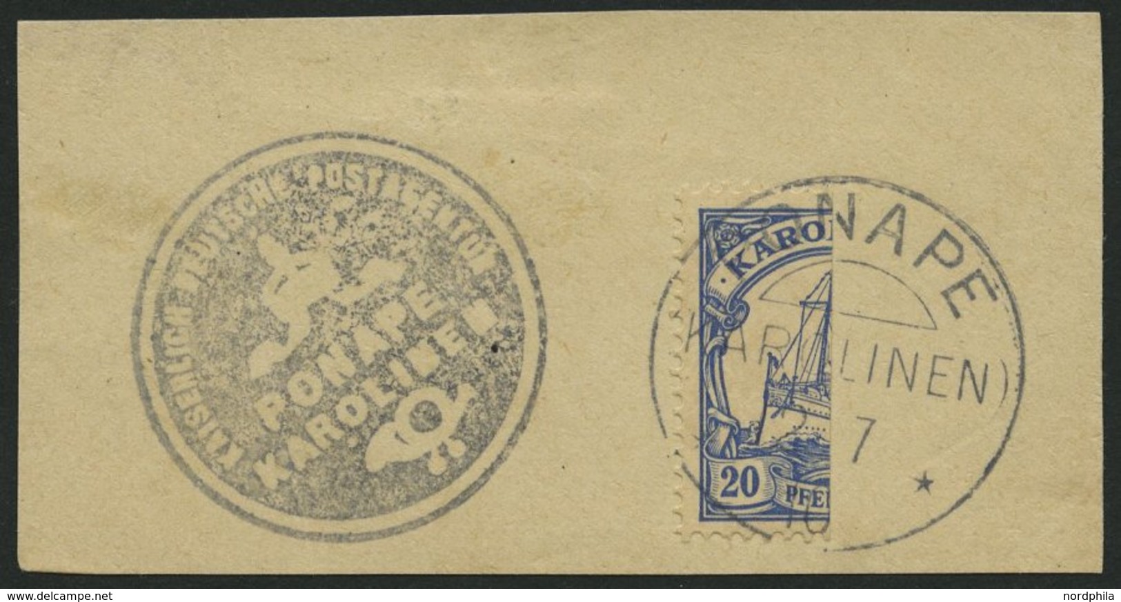 KAROLINEN 10H BrfStk, 1910, 20 Pf. Halbiert, Sog. 3. Ponape-Ausgabe, Prachtbriefstück, Fotoattest Jäschke-L., (3000.-) - Caroline Islands
