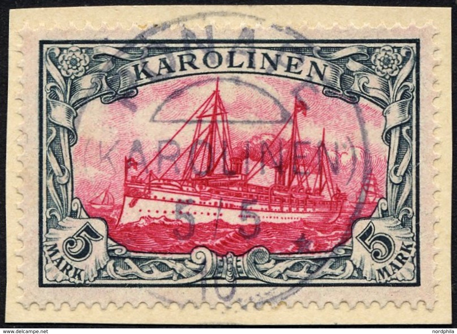 KAROLINEN 19 BrfStk, 1900, 5 M. Grünschwarz/dunkelkarmin, Ohne Wz., Zentrischer Stempel PONAPE, Prachtbriefstück, Mi. (6 - Carolines