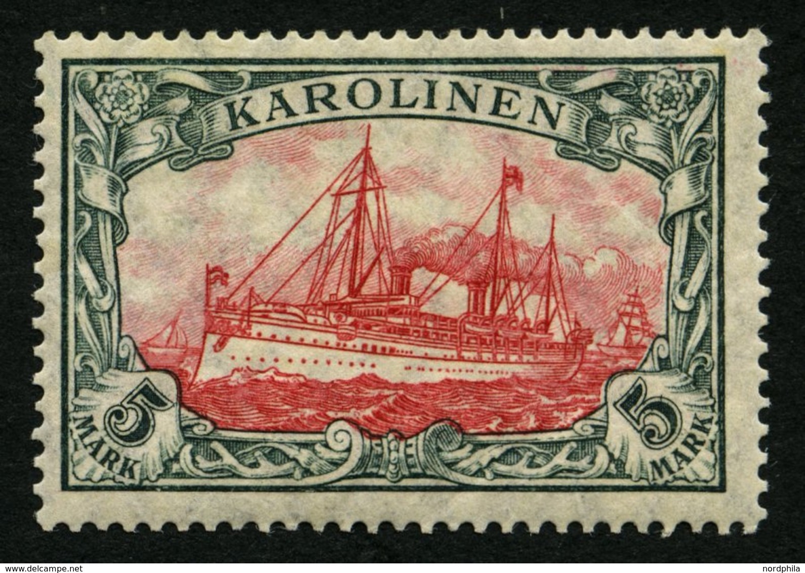 KAROLINEN 22IA *, 1915, 5 M. Grünschwarz/dunkelkarmin, Mit Wz., Friedensdruck, Falzreste, Pracht, Mi. 240.- - Karolinen