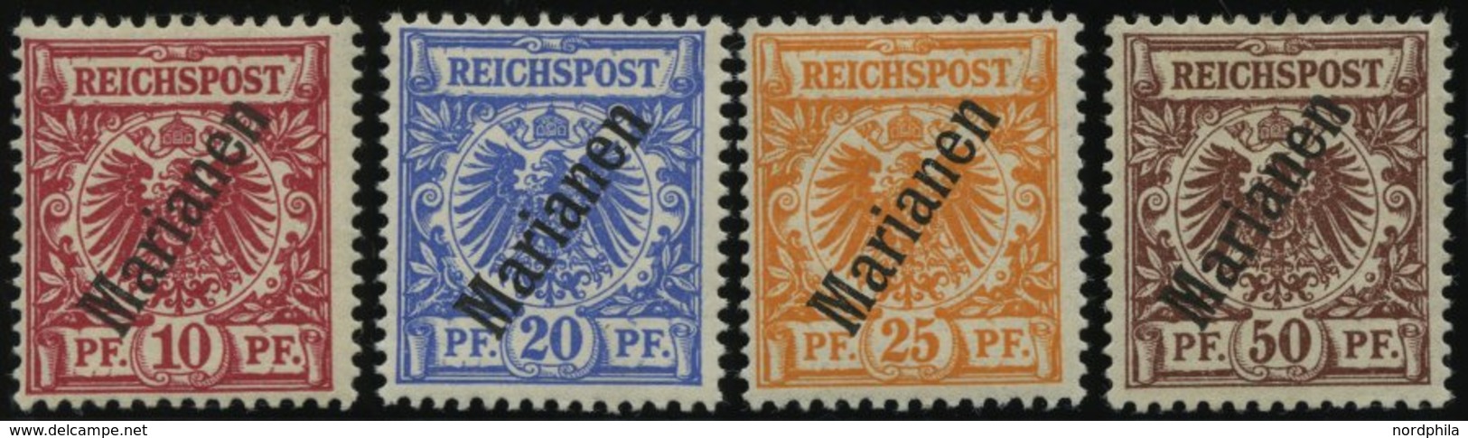 MARIANEN 3-6IIa *, 1900, 10 - 50 Pf. Steiler Aufdruck, Falzreste, 4 Prachtwerte, Mi. 205.- - Mariana Islands