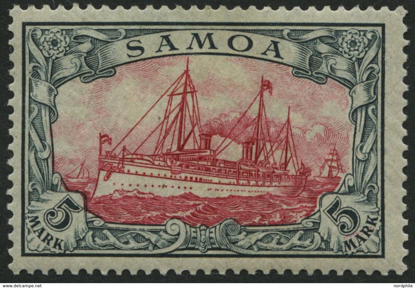 SAMOA 19 *, 1901, 5 M. Grünschwarz/bräunlichkarmin, Ohne Wz., Falzrest, Pracht, Mi. 200.- - Samoa