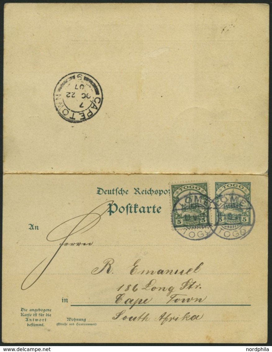 TOGO P 13 BRIEF, 1907, 5/5 Pf. Grün Von LOME Nach Cap Town , Pacht, Gepr. Bothe - Togo