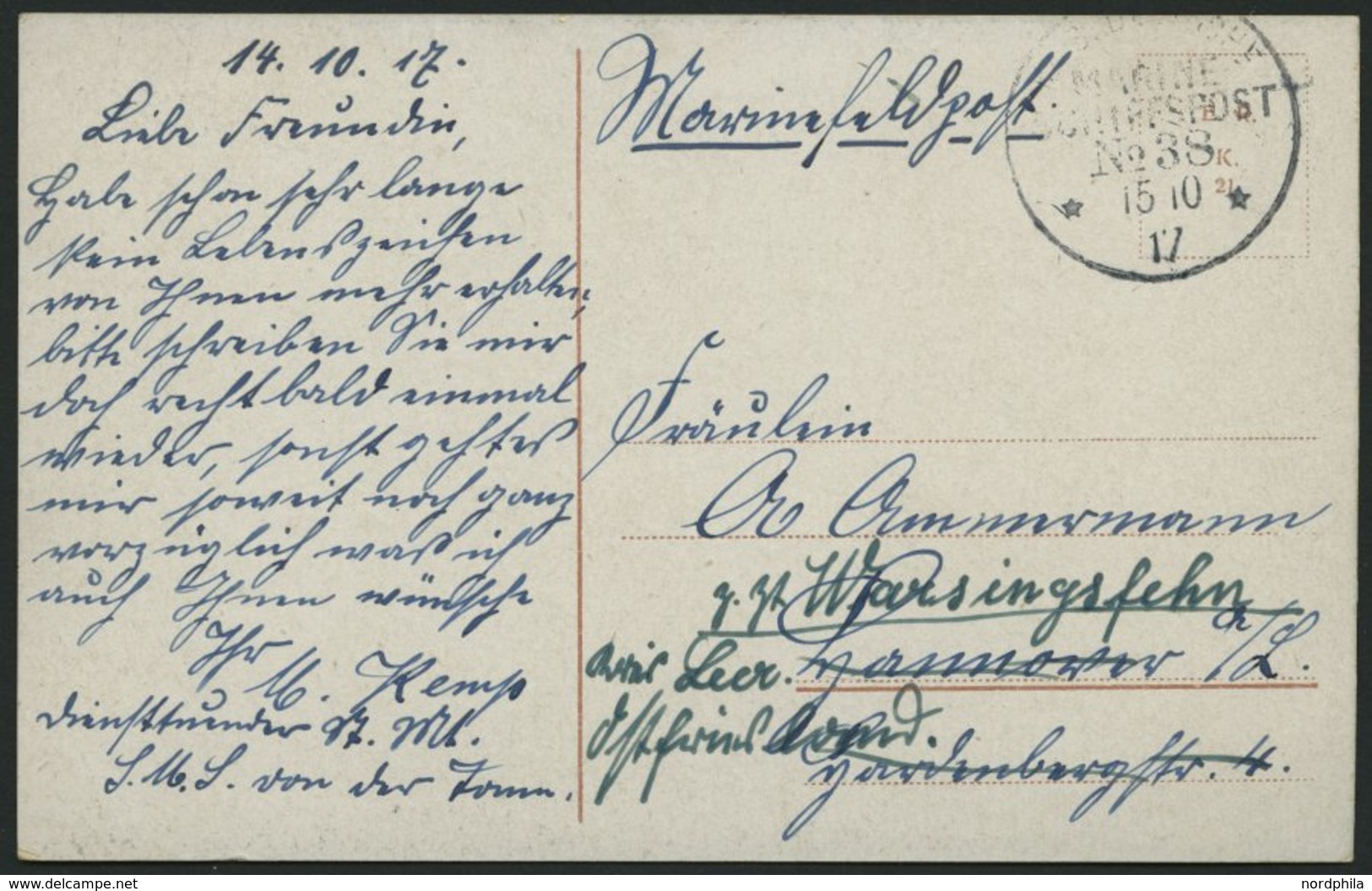 MSP VON 1914 - 1918 38 (Schlachtkreuzer VON DER TANN), 14.10.1917, Feldpost-Ansichtskarte Von Bord Der Von Der Tann, Pra - Maritime