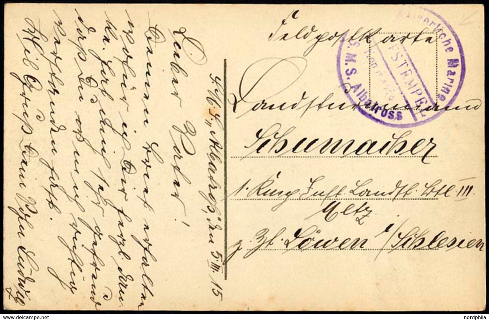 MSP VON 1914 - 1918 (Minendampfer ALBATROSS), 5.3.1915, Violetter Briefstempel (1. Form), Feldpost-Ansichtskarte Von Bor - Marítimo