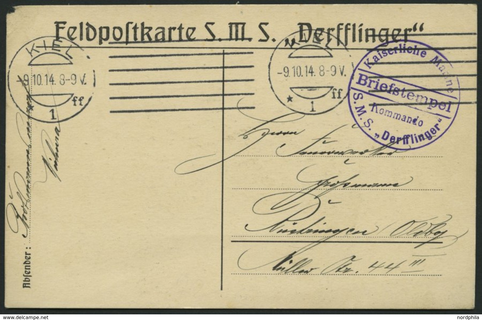 MSP VON 1914 - 1918 (Schlachtkreuzer DERFFLINGER), 9.10.1914, Violetter Briefstempel, Feldpostkarte Von Bord Der Derffli - Schiffahrt