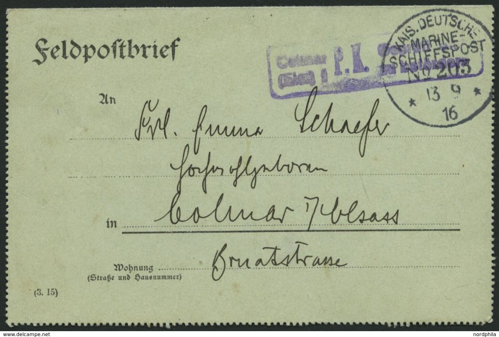 MSP VON 1914 - 1918 203 (Minenschiff PELIKAN), 13.9.1916, Feldpost-Kartenbrief Von Bord Der Pelikan Nach Colmar Mit Viol - Schiffahrt