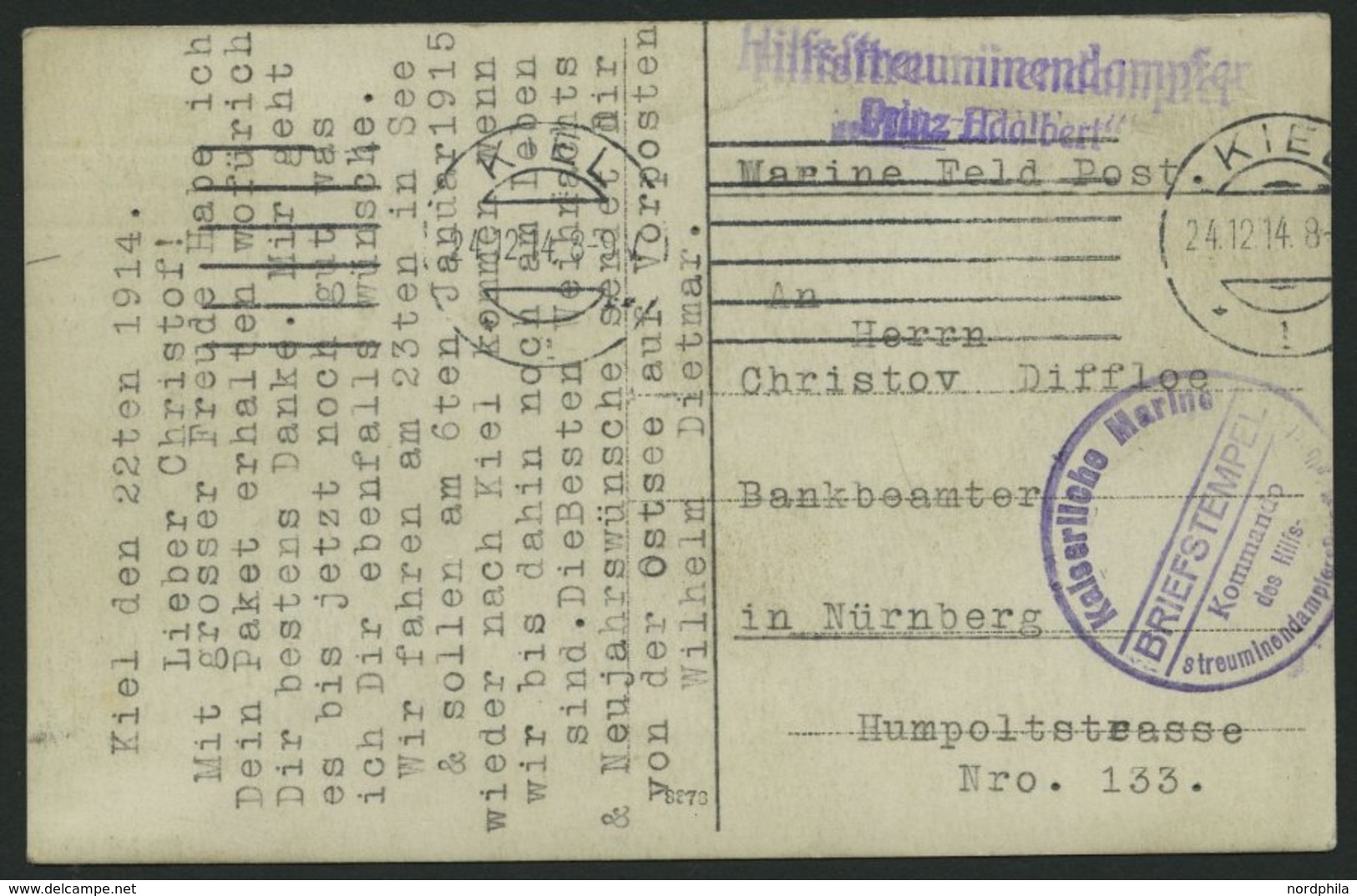 MSP VON 1914 - 1918 (Hilfsstreuminendampfer PRINZ ADALBERT), 22.12.1914, Violetter Briefstempel, Feldpost-Ansichtskarte  - Maritime