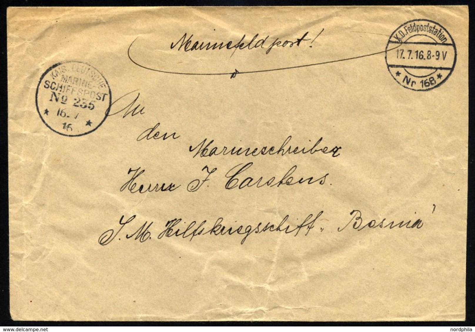 MSP VON 1914 - 1918 235 (2. Halbflottille Der Handelsschutzflottille), 16.7.1916, Feldpost-Stationsstempel Nr. 168, Mari - Schiffahrt