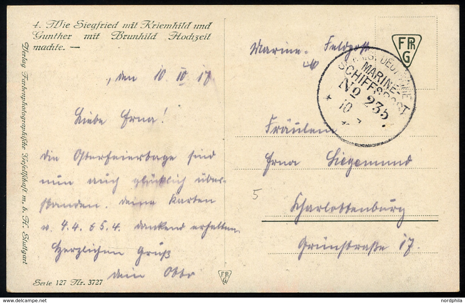 MSP VON 1914 - 1918 235 (2. Halbflottille Der Handelsschutzflottille), 10.10.1917, Feldpost-Künstlerkarte Nach Charlotte - Schiffahrt