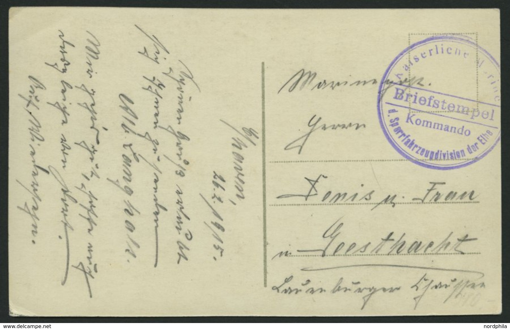 MSP VON 1914 - 1918 (Sperrfahrzeugdivision Der Elbe), 26.2.1915, Violetter Briefstempel, Feldpost-Ansichtskarte Von Bord - Maritime