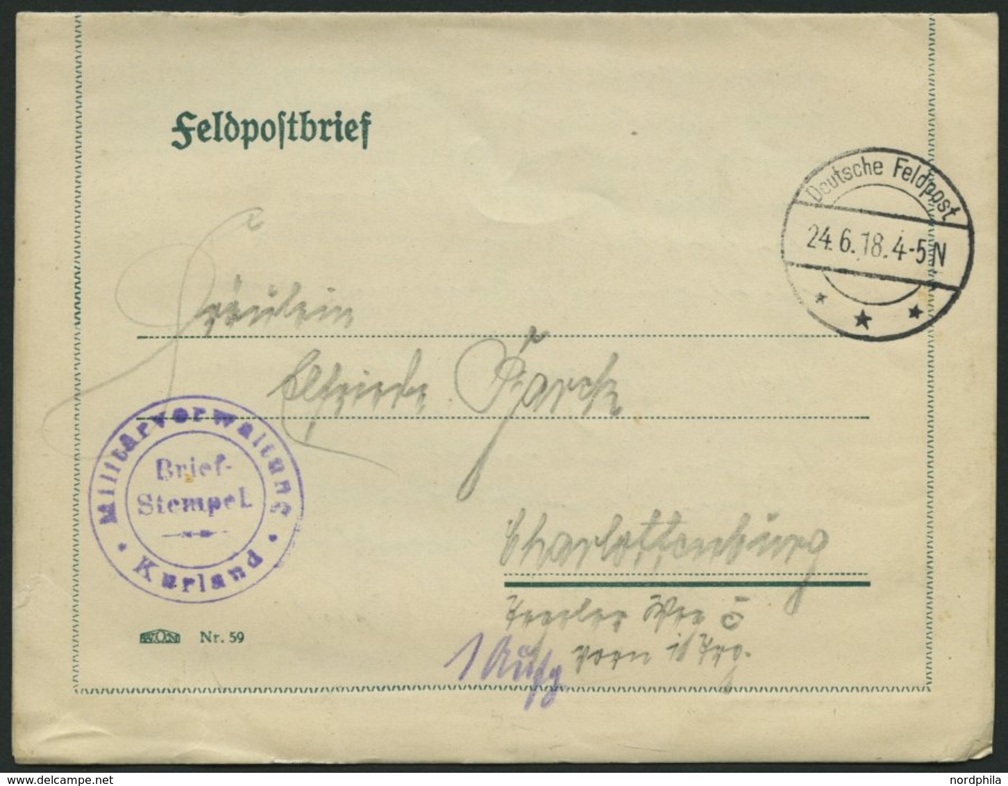 DT. FP IM BALTIKUM 1914/18 Militätverwaltung Kurland, Violetter Briefstempel, Mit Tarnstempel DEUTSCHE FELDPOST *** Auf  - Letonia