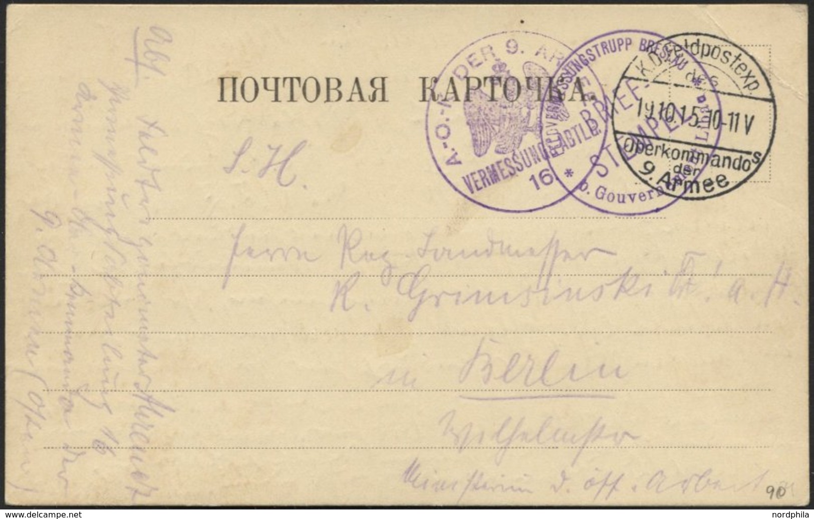 DT. FP IM BALTIKUM 1914/18 K.D. FELDPOSTEXP. DES OBERKOMMANDOS DER 9. ARMEE * A, 19.10.15, Auf Karte Von Homin Nach Berl - Lettland