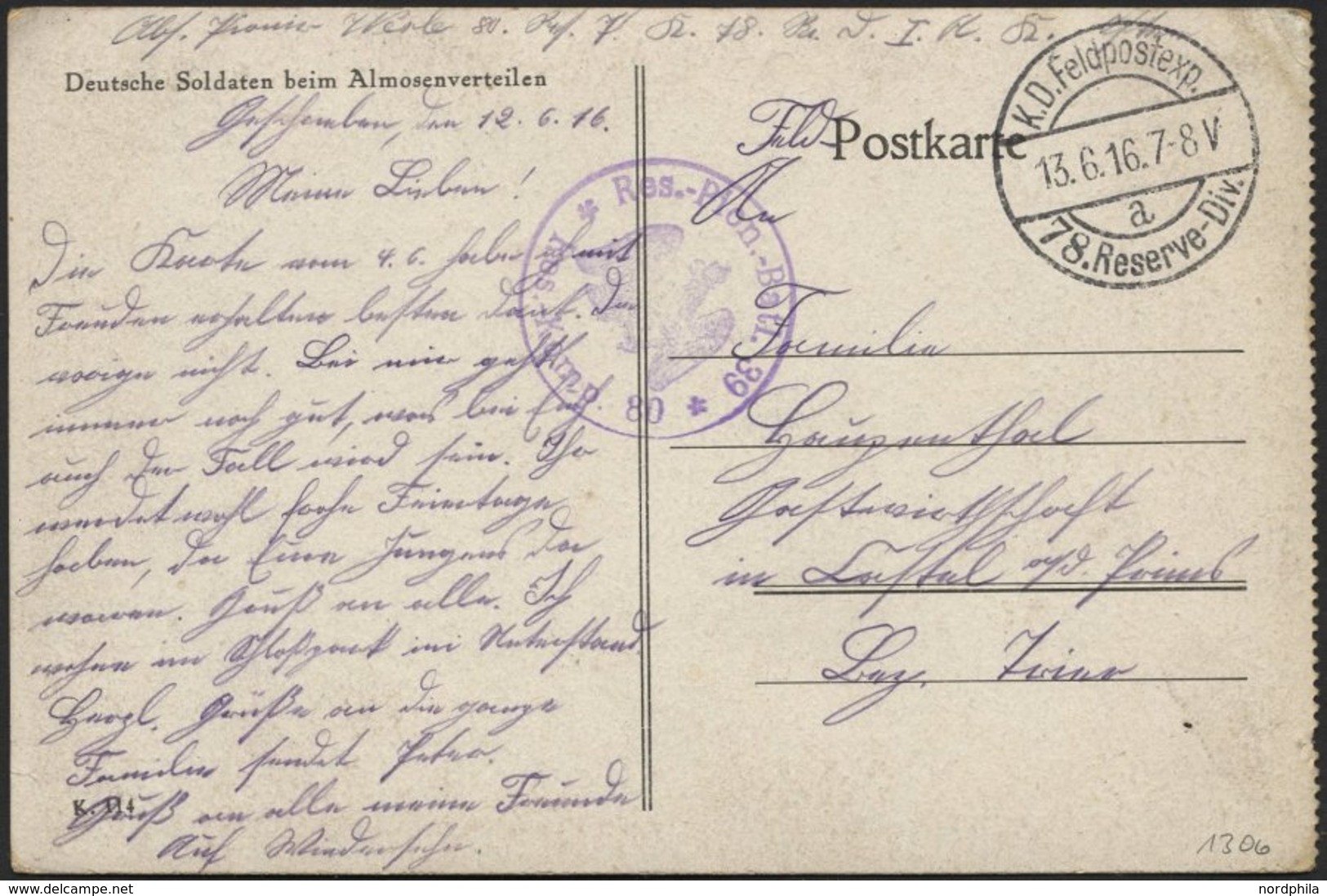 LETTLAND 1306 BRIEF, K.D. FELDPOSTEXP. 78. RESERVE DIV. A, 13.6.16, Auf Ansichtskarte (Deutsche Soldaten Beim Almosen Ve - Lettonie