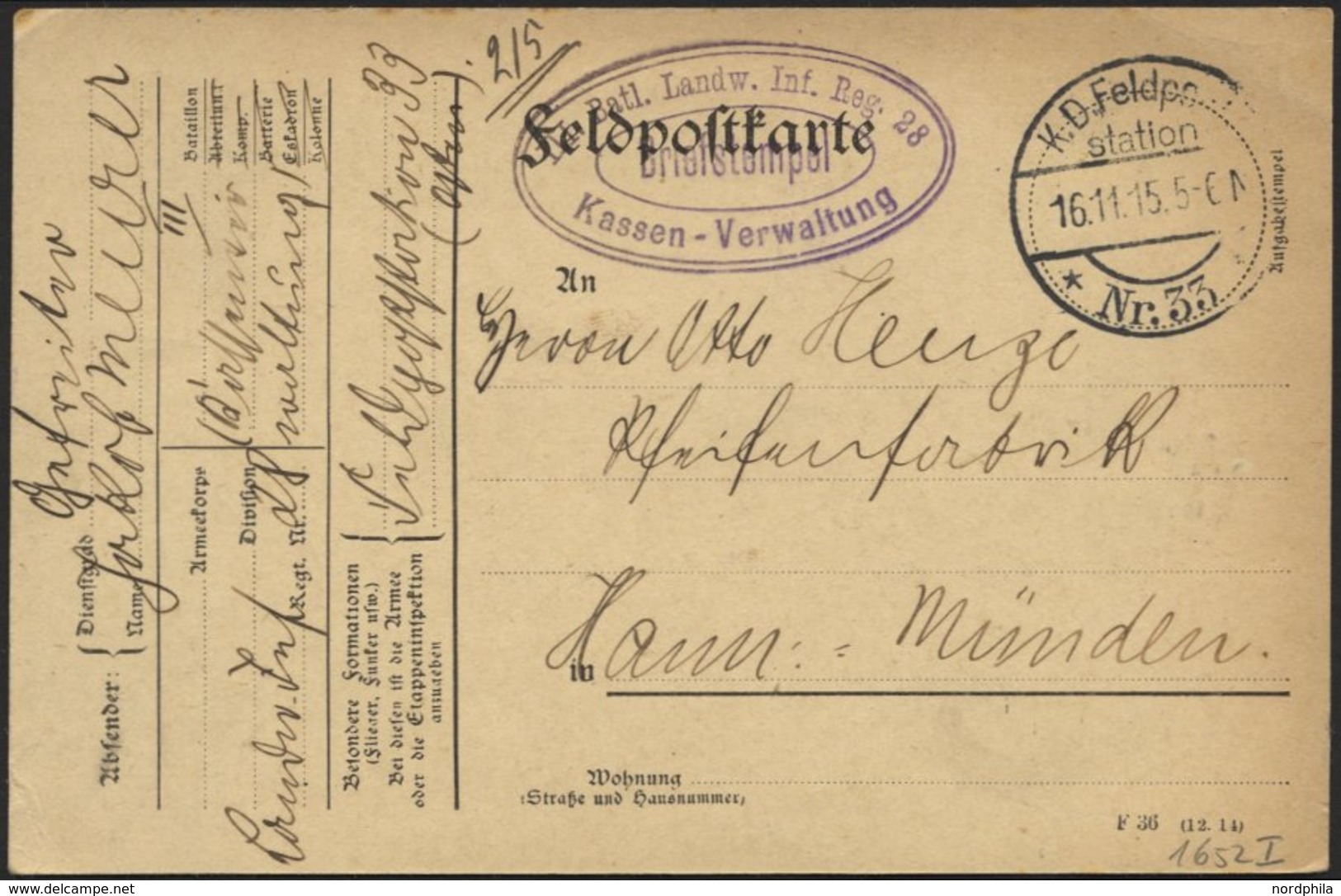 DT. FP IM BALTIKUM 1914/18 K.D. FELDPOST=STATION NR. 33, 16.11.15, Auf Feldpost-Vordruckkarte Von Tuckum Nach Hann.-Münd - Letonia