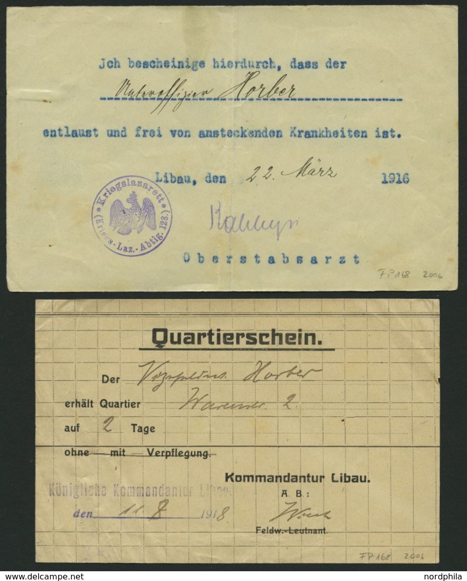 DT. FP IM BALTIKUM 1914/18 1916-18, 4 Interessante Feldpostbelege: U.a. Quartierschein, Fahrausweis Und Entlausungsbesch - Lettonie