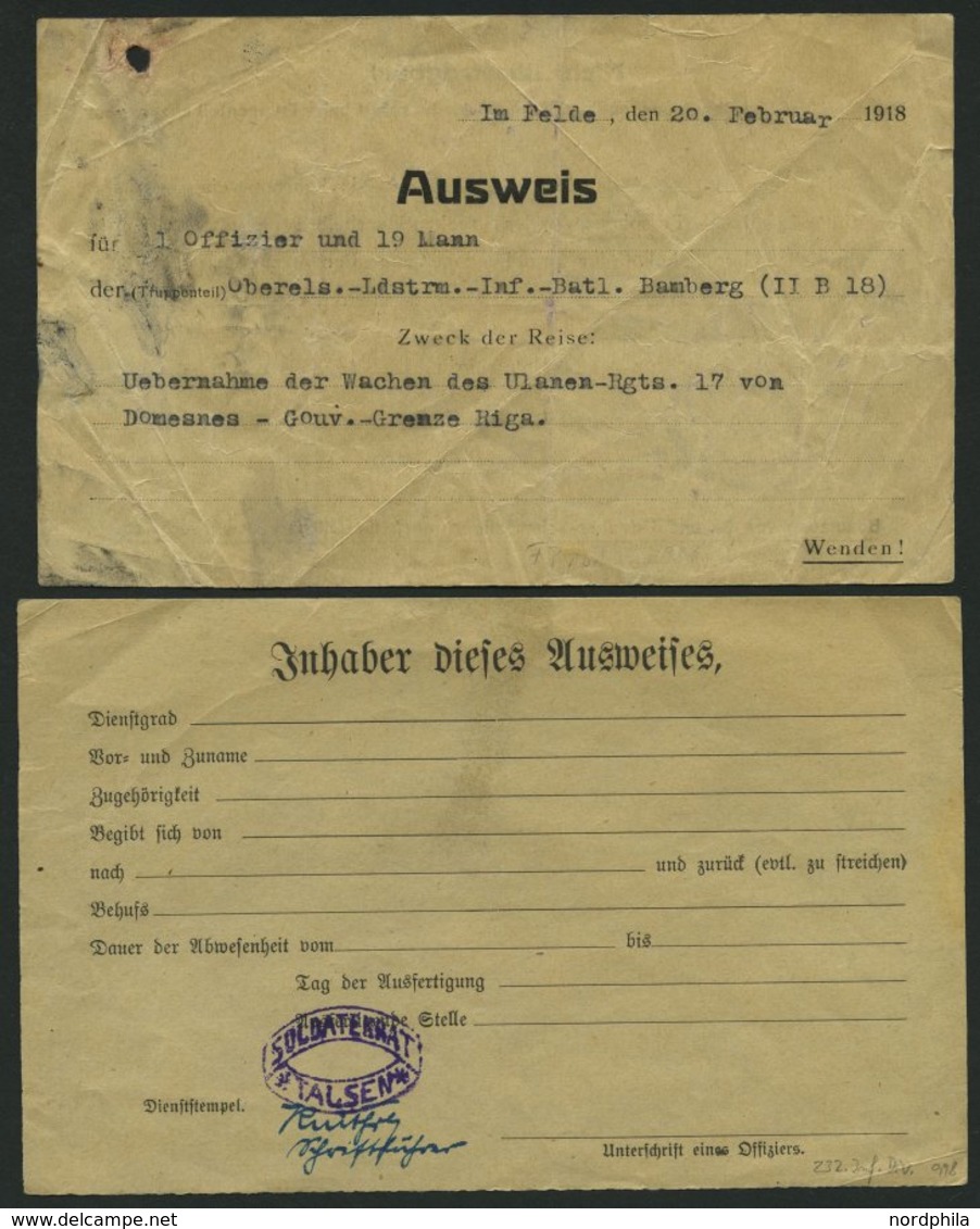 DT. FP IM BALTIKUM 1914/18 1916-18, 4 Interessante Feldpostbelege: U.a. Quartierschein, Fahrausweis Und Entlausungsbesch - Lettonie