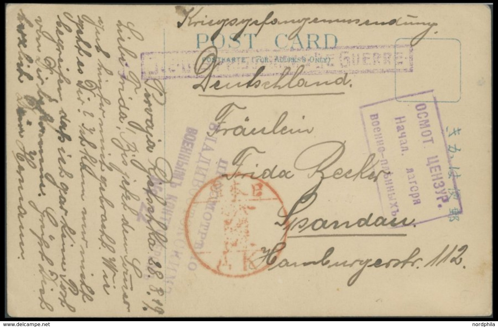 FELDPOST I.WK 1919, PIERWAJA-RJETSCHKA, Handgemalte Farbige Karte Aus Dem Sibirienlager Mit Orangerotem Zensurstempel De - Usados