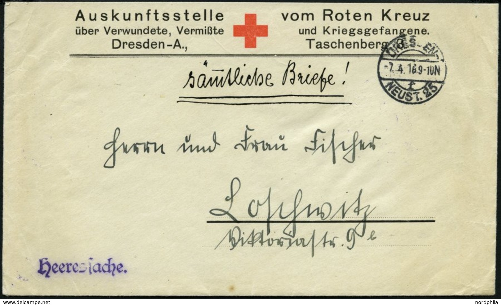 FELDPOST I.WK 1916, Vordruckbrief Der Auskunftsstelle Vom Roten Kreuz In Dresden, Violetter L1 Heeressache, Rückseitiges - Gebraucht