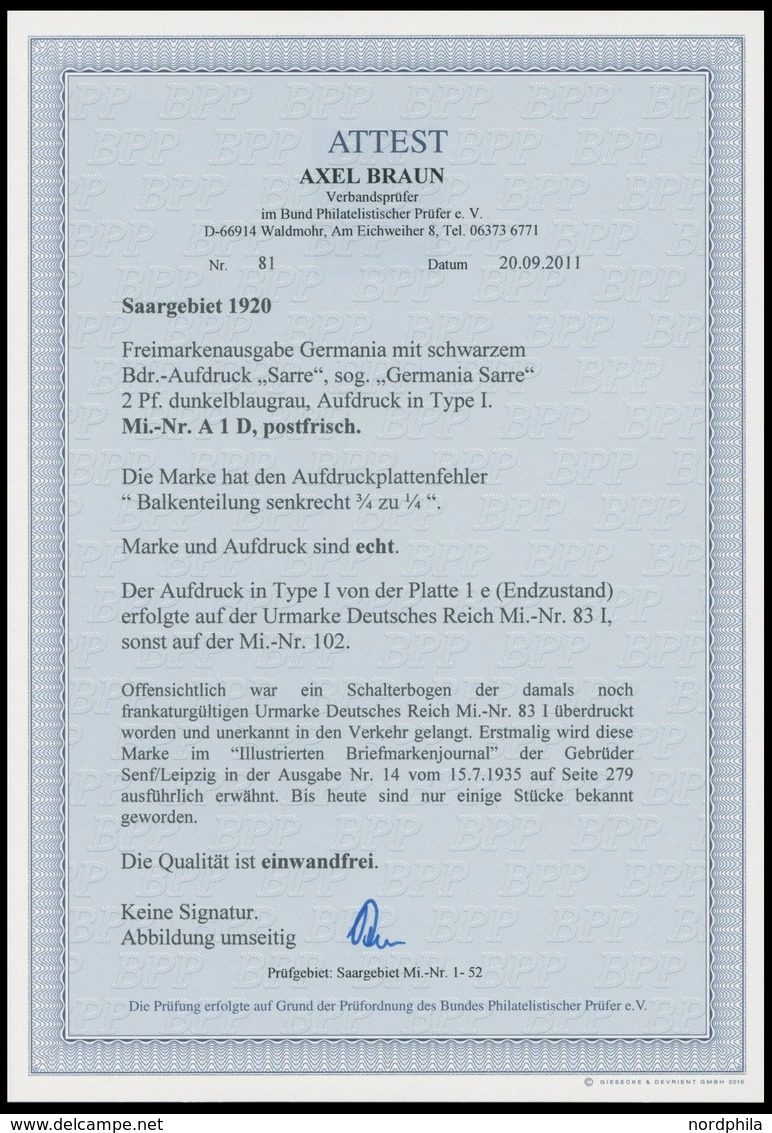 SAARGEBIET A1 PF D **, 1920, 2 Pf. Dunkelblaugrau (schraffierter Hintergrund), Aufdruck Irrtümlich Auf Dt. Reich Mi.Nr.  - Otros & Sin Clasificación