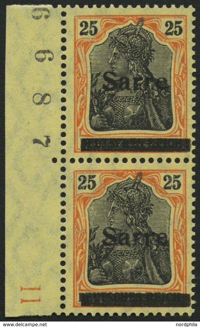 SAARGEBIET 9bI Ñ **, 1920, 25 Pf. Gelborange/schwarz Auf Gelbweiß Im Senkrechten Randpaar Mit Bogennummer, Pracht, Gepr. - Sonstige & Ohne Zuordnung