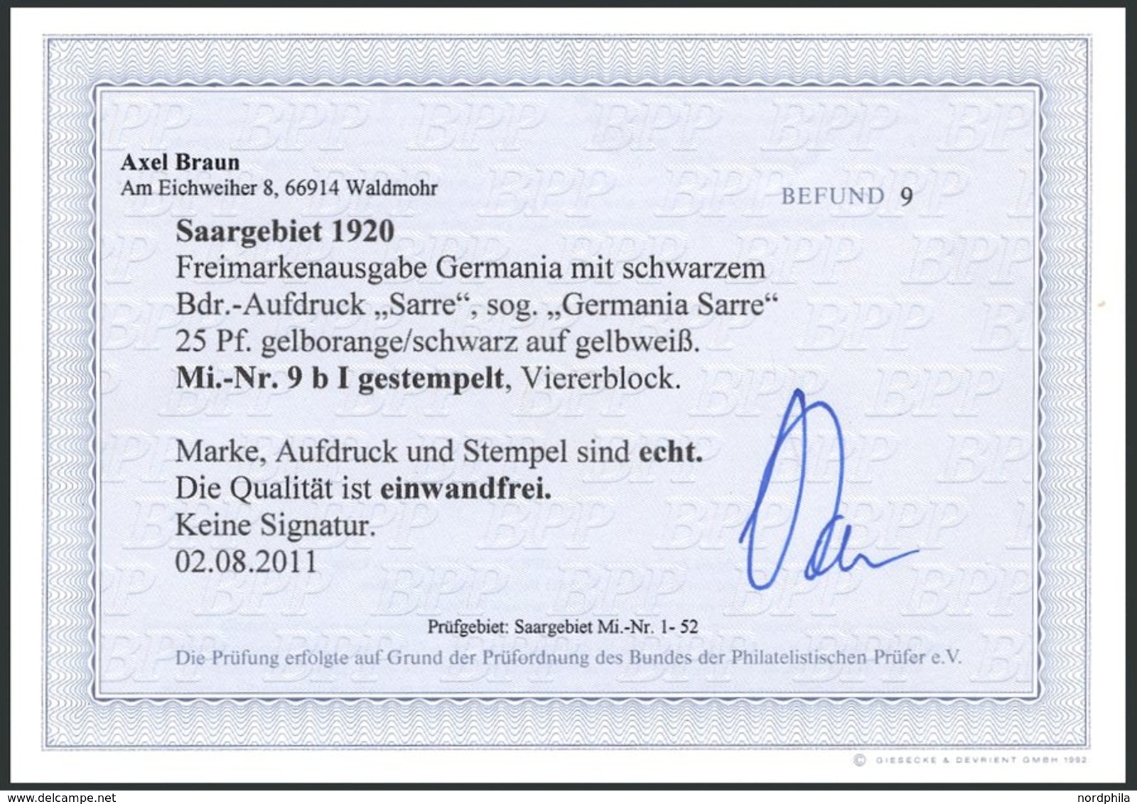 SAARGEBIET 9bI VB O, 1920, 25 Pf. Gelborange/schwarz Auf Gelbweiß, Type I, Im Viererblock Mit Zentrischem Stempel, Prach - Sonstige & Ohne Zuordnung