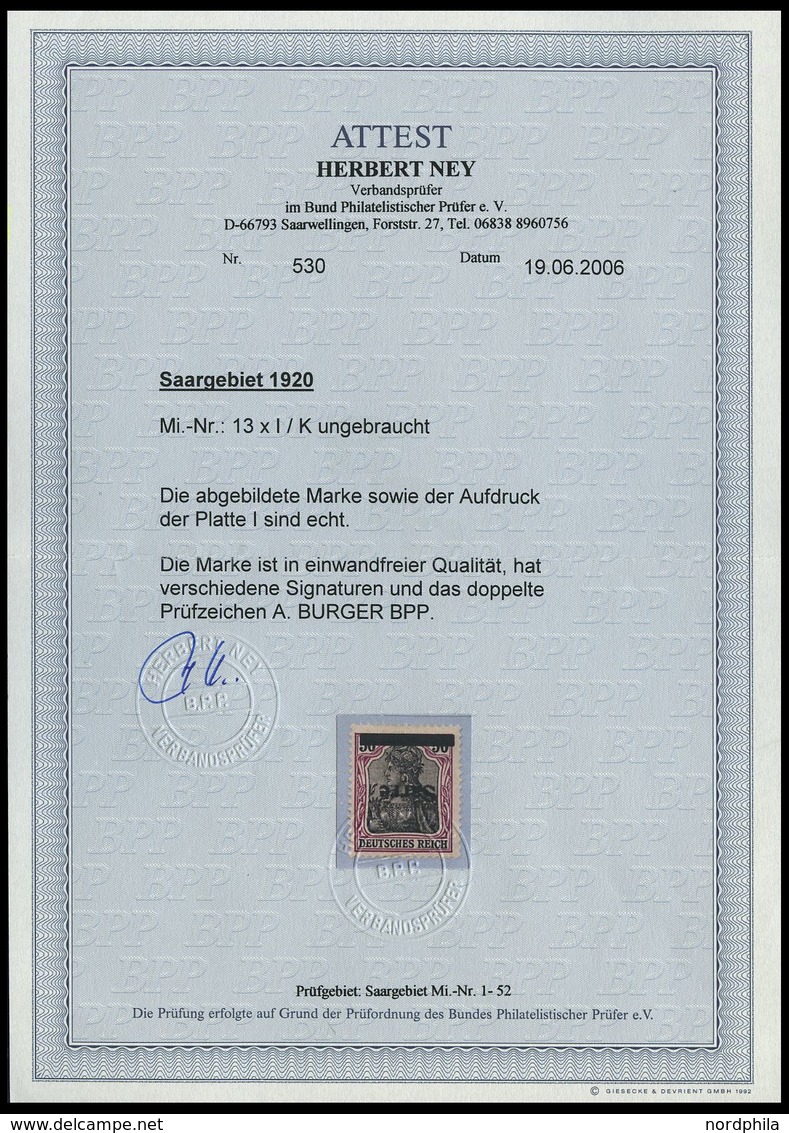 SAARGEBIET 13xaIK *, 1920, 50 Pf. Dunkelbäunlichlila/schwarz Auf Chromgelb, Type I, Kopfstehender Aufdruck, Falzreste, P - Other & Unclassified