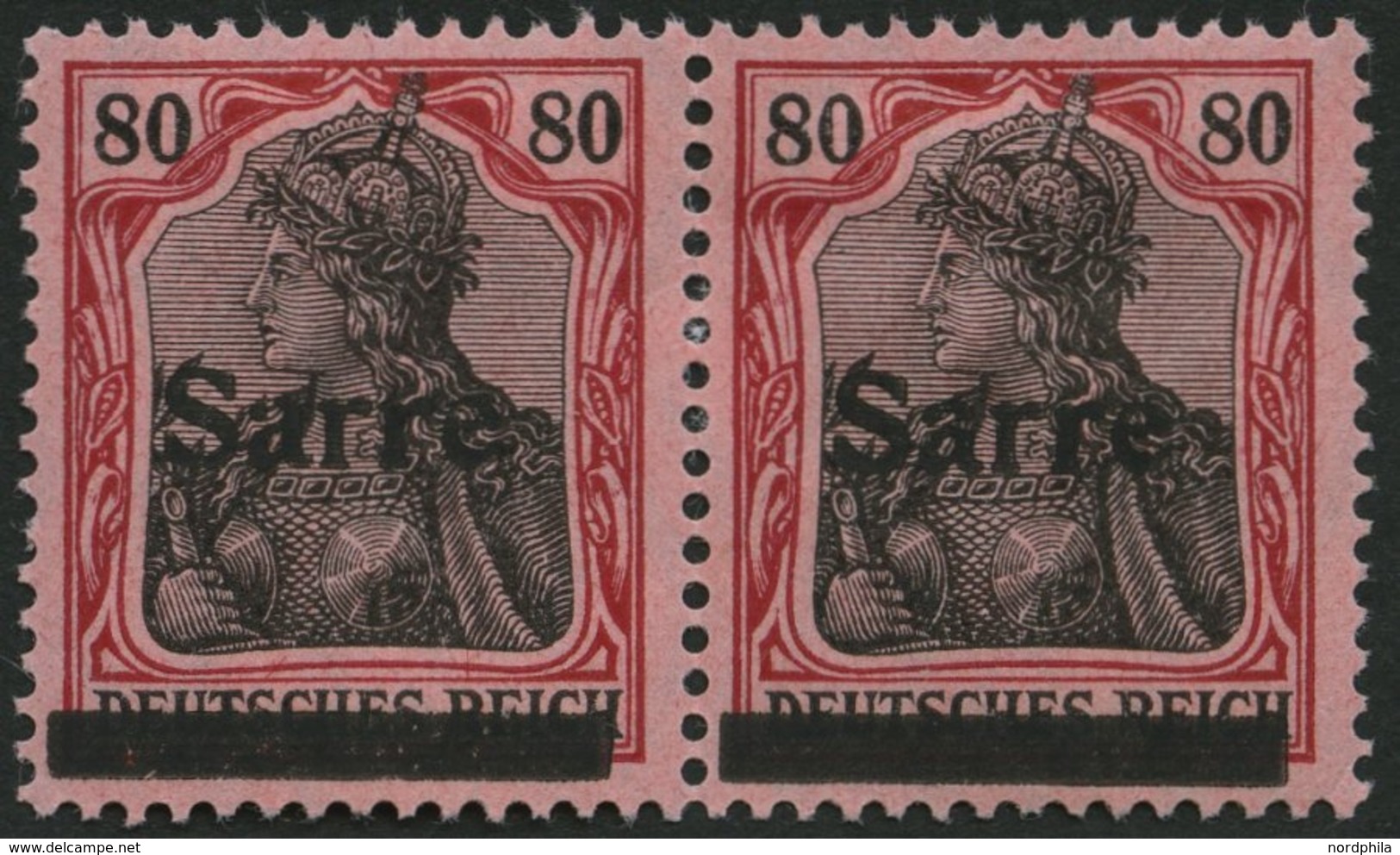 SAARGEBIET 16INI/OI *, 1920, 80 Pf. Karminrot/grauschwarz Auf Mittelgraurot, Type I, Im Waagerechten Paar Mit Plattenfeh - Autres & Non Classés