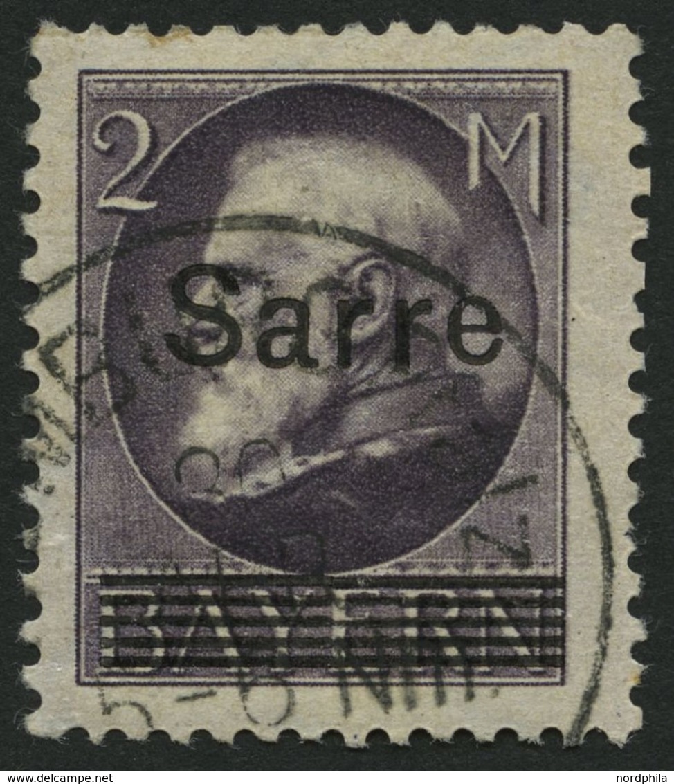SAARGEBIET 28b O, 1920, 2 M. Schwarzgrauviolett Bayern-Sarre, Kleiner Zahnfehler Sonst Pracht, Gepr. Braun, Mi. 170.- - Sonstige & Ohne Zuordnung
